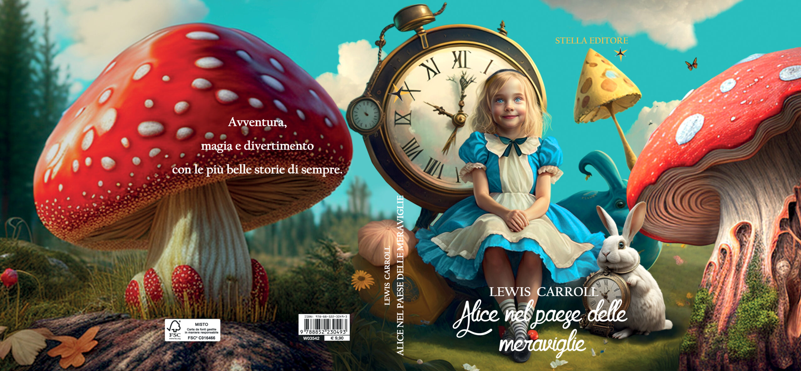 Sovracopertina libro "Alice nel paese delle meraviglie". Personaggi creati con l'AI Midjourney, fotocomposizione creata con Adobe Photoshop, impaginazione con Adobe Illustrator